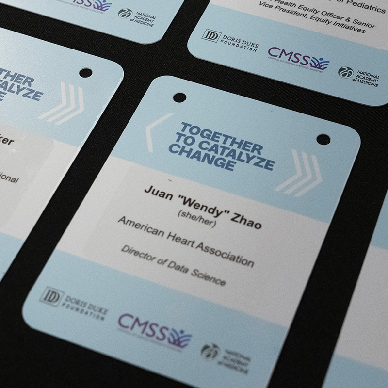 Name tags for Doris Duke Foundations' "Together to Catalyze Change" campaign. This one says "Juan "Wendy" Zhao, (she/her) American Heart Association, Director of Data Science"