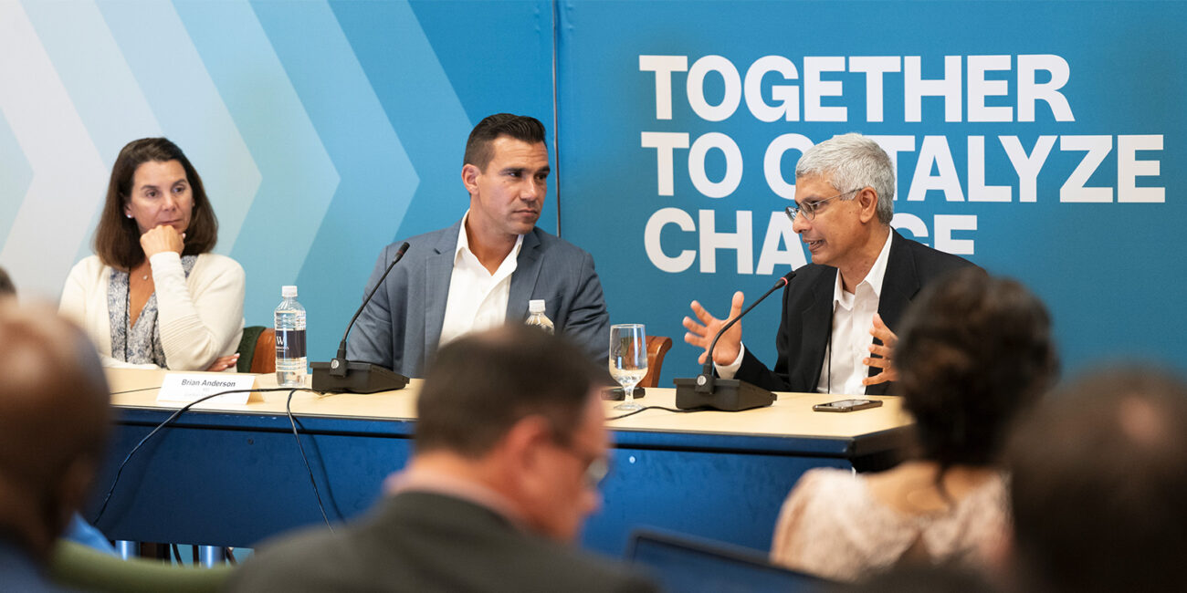 Two male speakers and one female speaker at the Doris Duke "Together to Catalyze Change" conference