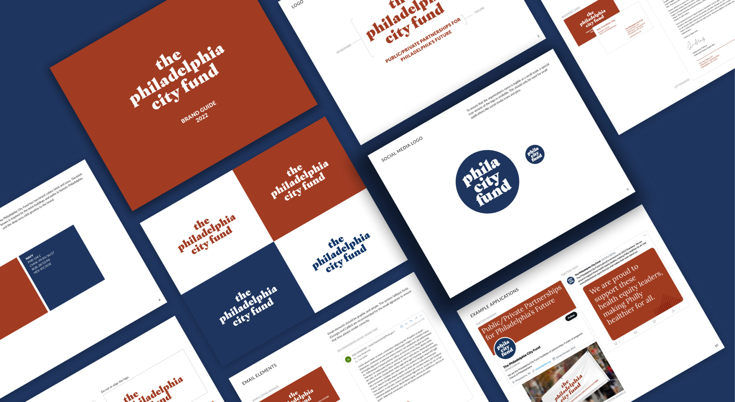 Multiple spreads of a deck depicting the Philadelphia city fund brand guidelines