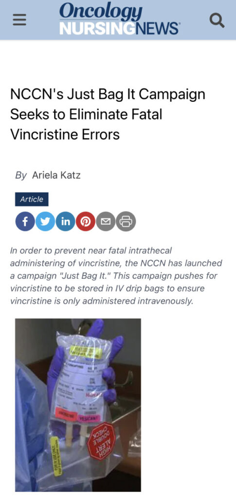 Screenshot of article from Oncology Nursing News titled "NCCN's Just Bag It Campaign Seeks to Eliminate Fatal Vincristine Errors"