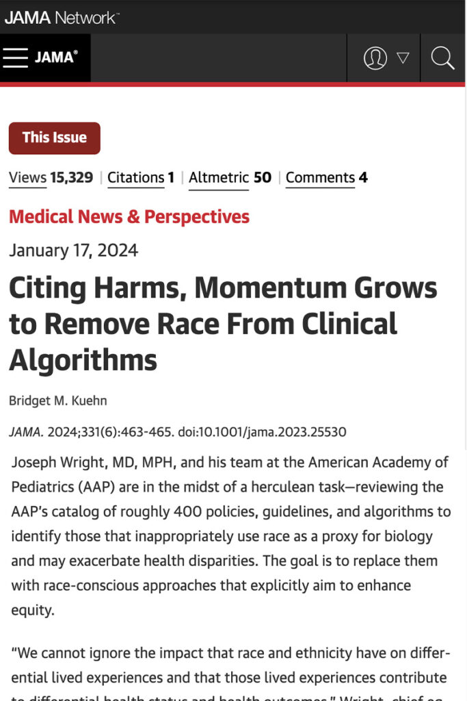 A screenshot of an article from JAMA Network stating "Citing Harms, Momentum Grows to Remove Race From Clinical Algorithms"