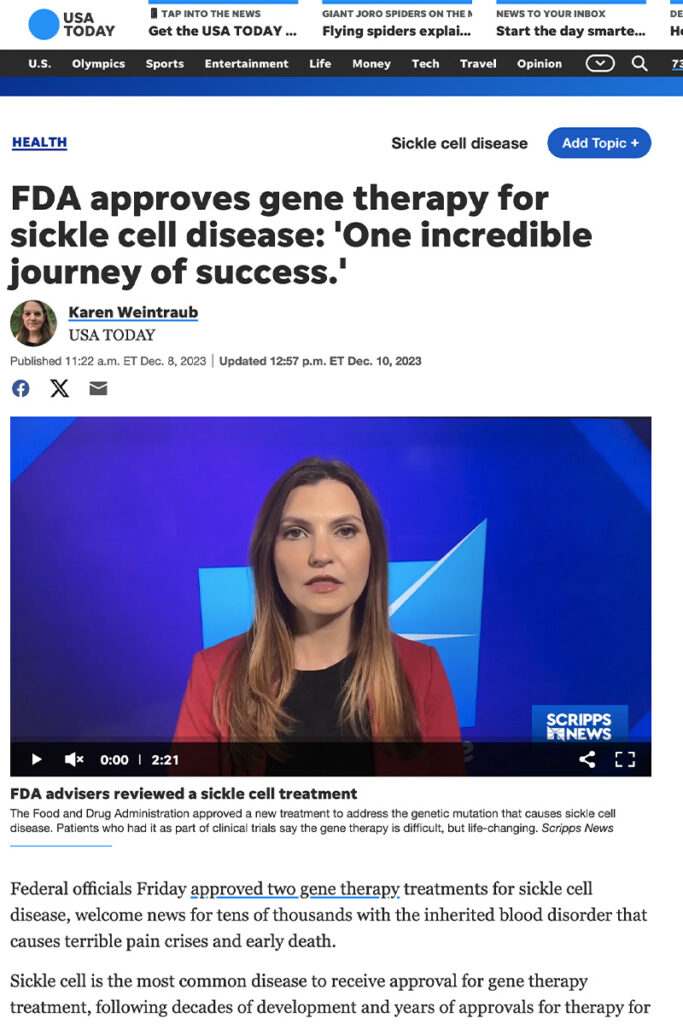 A screenshot from USA Today article stating "FDA approves gene therapy for sickle cell disease: 'One incredible journey of success.'