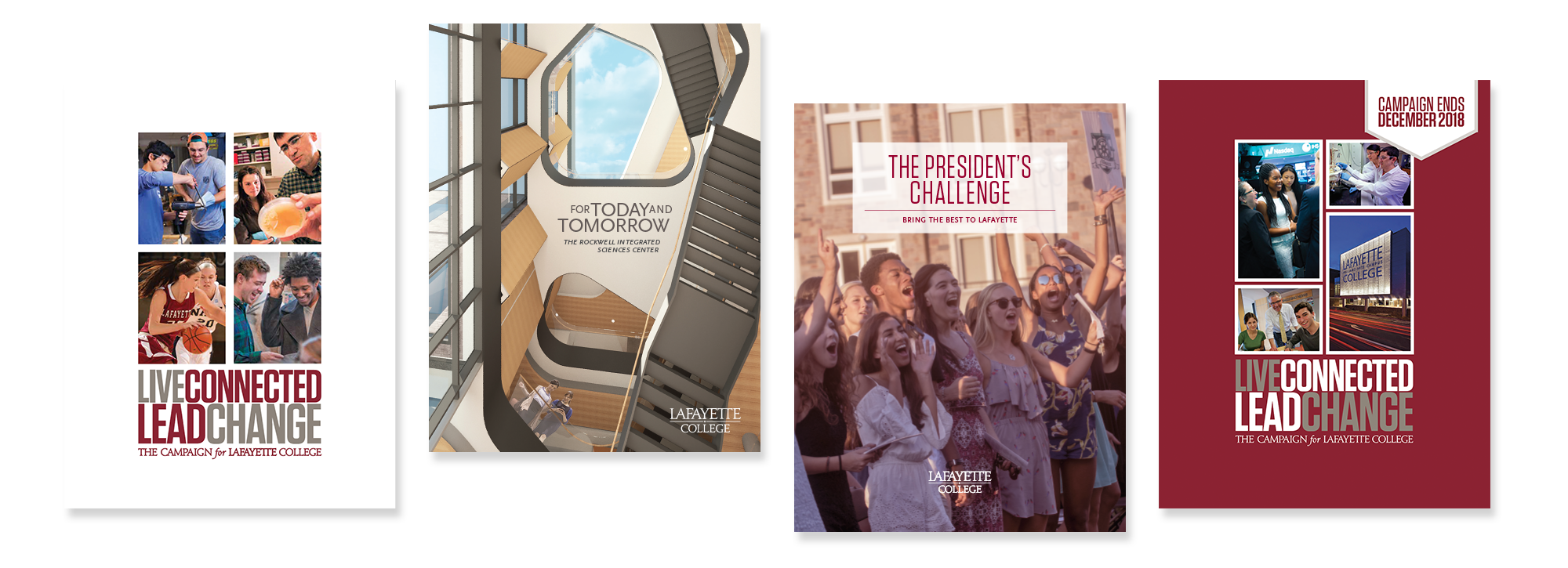 Covers of print pieces from the Live Connected Lead Change campaign