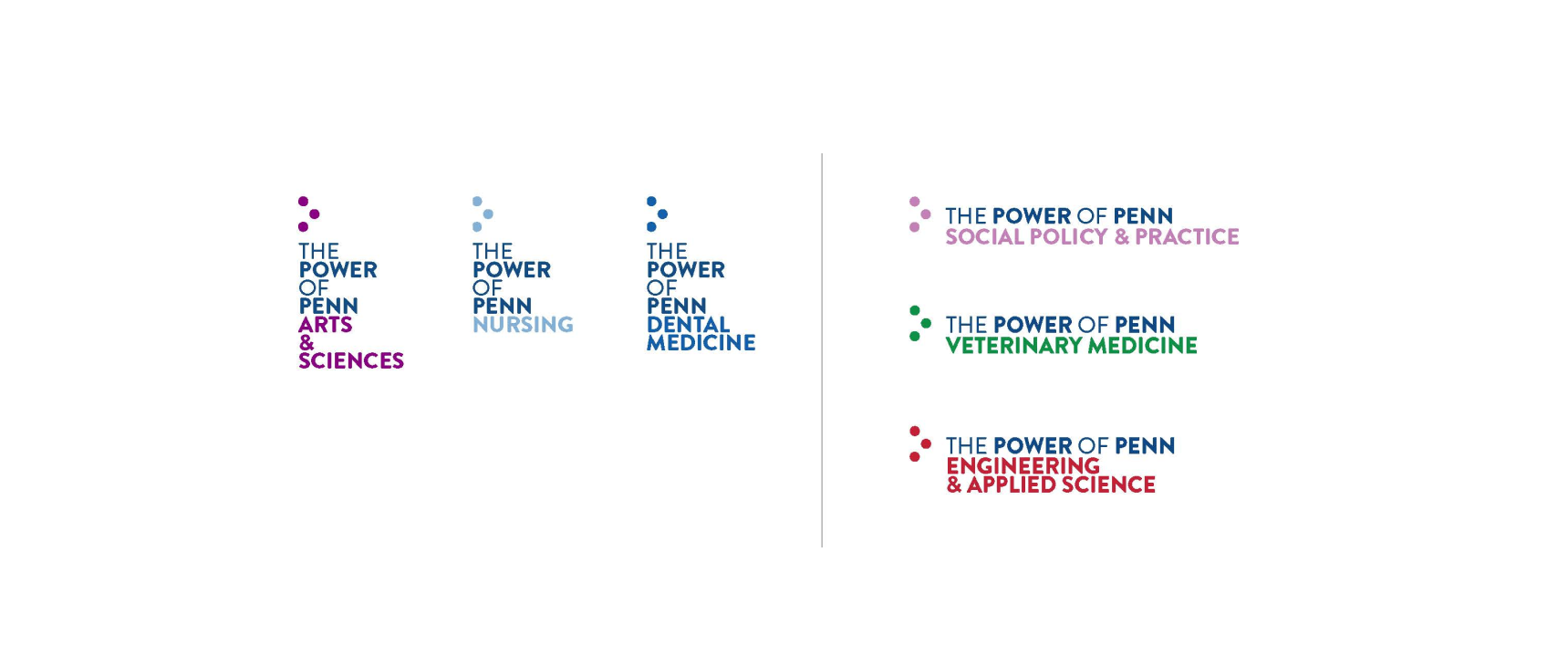 A graphic demonstrating different applications of the Power of Penn logo across the different colleges at UPenn.