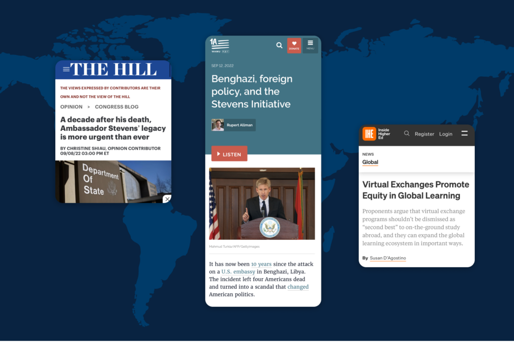 A mockup of three news clips showing information related to the launch of the Stevens Initiative, superimposed against a world map background